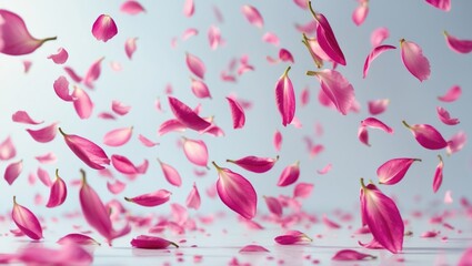Poster - Delicate pink flower petals scattered gracefully against a soft white background creating a serene and tranquil atmosphere.