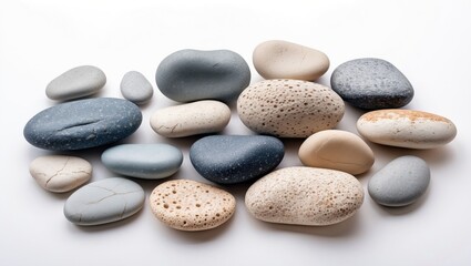 Poster - various smooth pebbles arranged on a white background showcasing diverse colors textures and shapes for decorative purposes