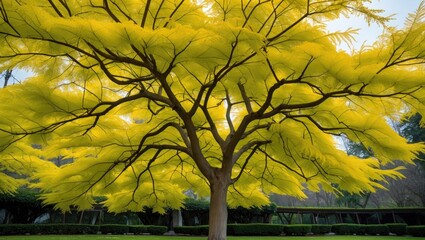 Poster - yellow-leafed tree with intricate branches in a landscaped garden under soft lighting conditions aga
