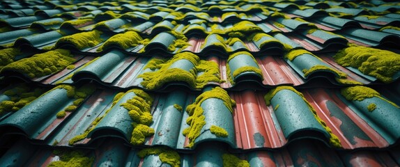 Poster - mossy texture on aged roof tiles illustrating nature reclaiming architectural elements in a rural se