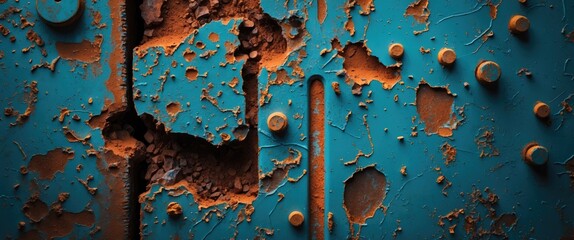 Poster - Textured surface of weathered teal metal with rust and corrosion revealing underlying layers and patterns.