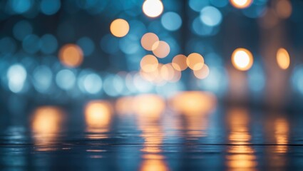Poster - abstract blue bokeh lighting with warm glowing reflections on a wet surface creating a soft atmosphe