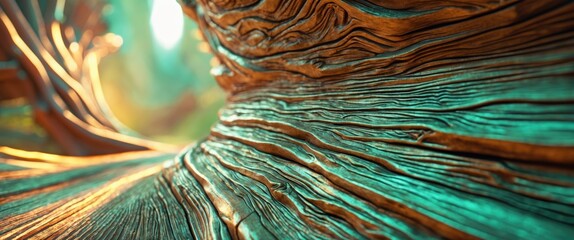 Poster - Textured surface of artificial wood with intricate grain patterns and vibrant colors creating a natural abstract background.