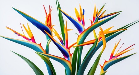 Poster - Vibrant Bird of Paradise Flower Arrangement on White Background Showcasing Unique Colors and Shapes of Exotic Tropical Foliage