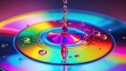 Poster - colorful water droplets on a reflective surface with concentric circles and a vibrant rainbow gradie