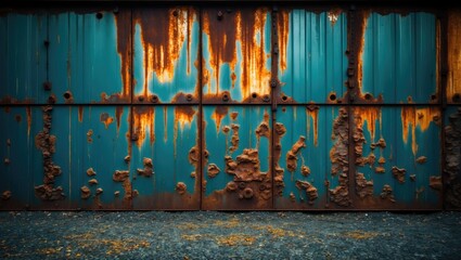 Poster - Rusty steel wall texture with blue patina and peeling paint suitable for background use and text overlay. Ideal for industrial designs.
