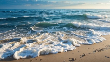 Poster - serene beach scene with gentle waves lapping at the shore under a clear sky perfect for summer relax