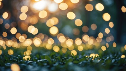 Poster - Enchanting bokeh lights creating a magical atmosphere over dewy green foliage in a serene natural setting.