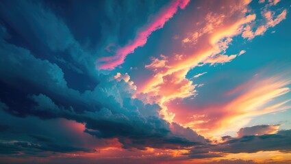 Poster - Dramatic colorful clouds at sunset showcasing vibrant hues and grainy texture in the sky creating a captivating atmospheric scene.