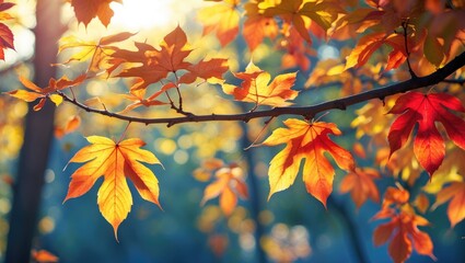Poster - Autumn Leaves Illuminated by Sunlight on Branch with Soft Background Creating a Warm and Inviting Seasonal Atmosphere