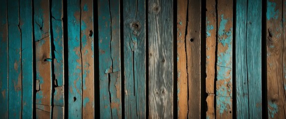 Poster - Weathered wooden planks with blue and brown paint peeling texture in a horizontal arrangement