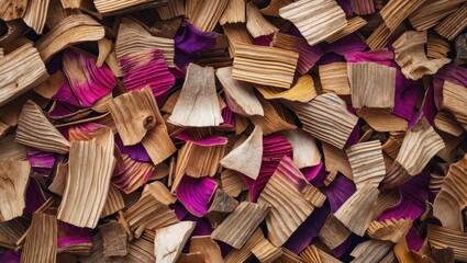 Poster - Wood chips and dried flower petals texture background in earthy tones decorative natural elements
