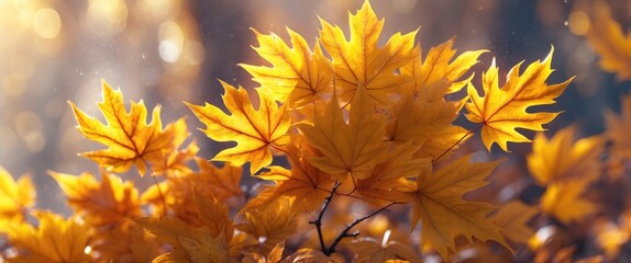 Poster - Golden autumn maple leaves with sunlight creating a warm and vibrant background atmosphere in nature photography.