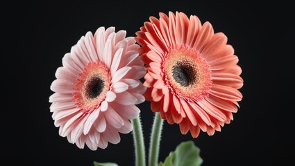 Poster - Vibrant gerbera daisies in pink and coral shades against a dark backdrop highlighting their delicate textures and natural beauty.