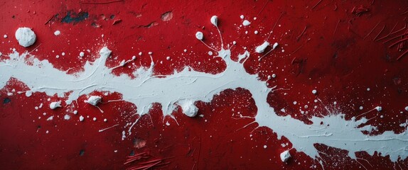 Poster - Red textured background with white paint splashes and streaks creating an abstract art composition.