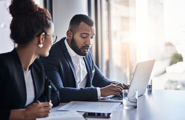 Aufkleber - Teamwork, laptop and meeting with business people in office together for project management or brainstorming. Documents, conversation and paper review with man, woman or workplace for b2b planning