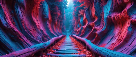 Poster - Vibrant forest canyon with colorful foliage and wooden pathway in surreal lighting conditions