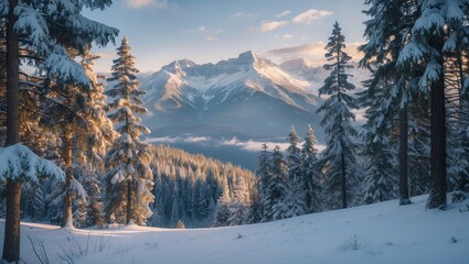 Poster - snow-covered mountain landscape with evergreen trees under a blue sky and soft light in a serene win