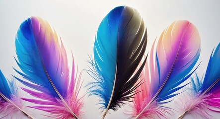 Poster - Colorful bird feathers in vibrant hues of blue, pink, and black displayed on a white background highlighting their intricate textures and beauty.