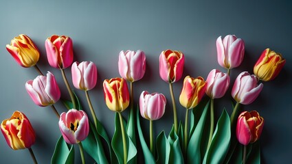 Poster - Vibrant arrangement of tulips in shades of pink and yellow against a muted grey backdrop showcasing floral beauty and elegance