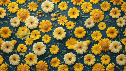 Poster - Vibrant yellow floral background pattern with assorted blooms on a blue surface for cheerful and bright design inspiration.