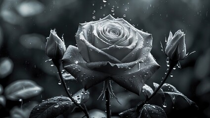 Poster - Elegant black and white rose with delicate water droplets on petals surrounded by lush green leaves. Perfect for floral and nature themes.
