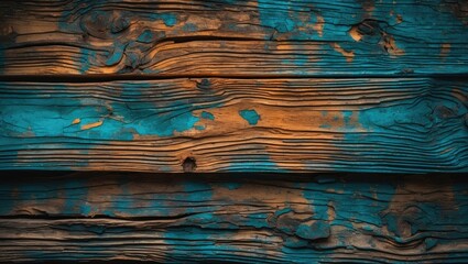 Poster - Textured weathered wooden planks with blue and orange paint tones creating a rustic and artistic background pattern