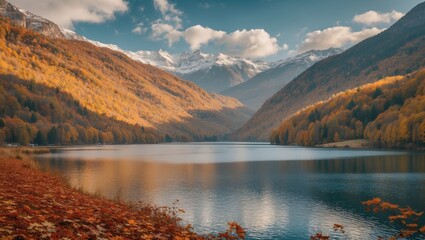 Poster - Serene Autumn Reflections Over Mountain Reservoir Surrounded By Vibrant Foliage and Snow-Capped Peaks Under a Clear Blue Sky.