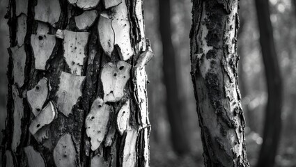 Poster - Black and White Bark Texture Detailed Forest Background Natural Patterns