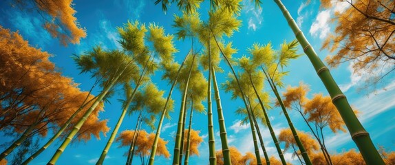 Poster - Bamboo forest reaching towards a vibrant blue sky with lush green and golden foliage creating a serene natural atmosphere.