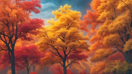 Poster - Vibrant autumn foliage with colorful trees showcasing seasonal changes in nature during September and October in a serene landscape.
