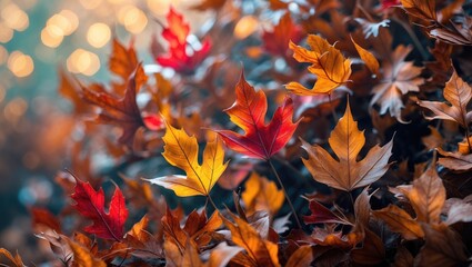 Poster - Aesthetic autumn leaves background showcasing vibrant red and orange hues against a subtle bokeh effect for natural beauty themes.