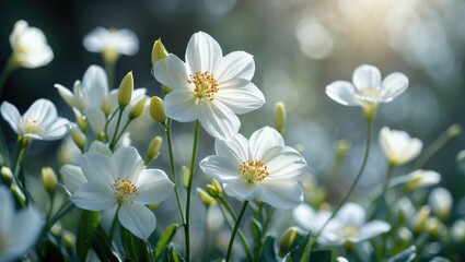Poster - White flowering plants with green leaves in a natural setting illuminated by soft sunlight during daytime.