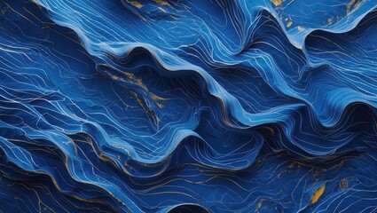 Leinwandbilder - Abstract blue wave patterns with golden highlights creating a textured layered surface in a digital art style.