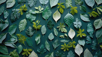Poster - various types of green leaves arranged flat on a dark background for organic or botanical themes