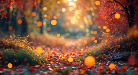 Poster - Autumn forest path with warm bokeh lights creating a serene backdrop perfect for seasonal projects and nature-focused themes