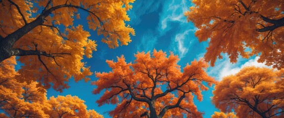 Poster - Vibrant autumn foliage against a clear blue sky creating a stunning nature backdrop with colorful leaves and striking contrasts.