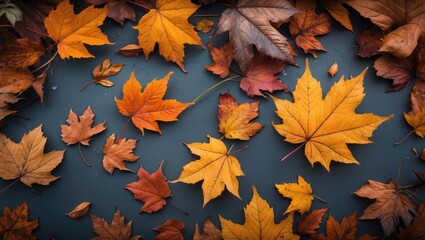 Poster - Vibrant autumn leaves arranged on a dark surface showcasing the beauty of seasonal foliage and natural colors.