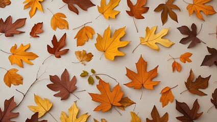 Poster - Autumn leaves in vibrant colors scattered on a neutral paper background creating a warm seasonal aesthetic for design and decor purposes