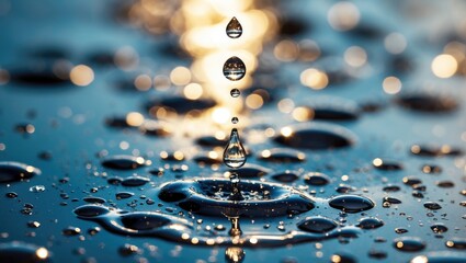 Poster - Elegant water droplets cascading on a reflective surface showcasing a serene and tranquil atmosphere.