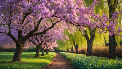 Poster - Serene Pathway Through Blooming Willow and Pink Blossom Trees Under Soft Morning Light
