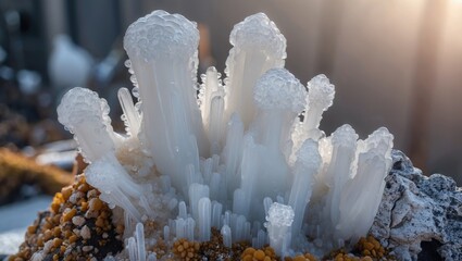 Poster - Ice formations resembling coral structures on a rock surface with fine details and natural textures illuminated by soft sunlight