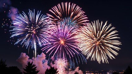 Poster - Vibrant and Colorful Fireworks Display Lighting Up the Night Sky with Dramatic Explosions and Sparkles Over a Scenic Landscape