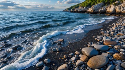 Poster - scenic pebble beach landscape on the black sea with gentle waves and lush greenery in the background