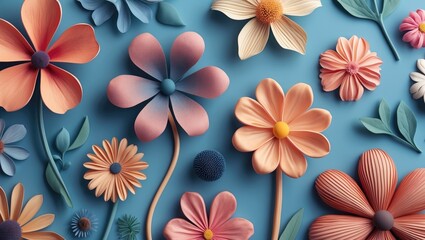 Poster - Colorful floral background featuring textured flowers and leaves on a blue surface creating a vibrant and artistic composition.