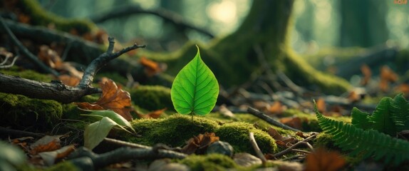 Poster - Vibrant green leaf on forest floor with twigs and fallen leaves showcasing the beauty of nature and seasonal transformation in a serene environment.