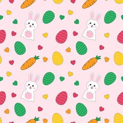 Wall Mural - Easter seamless pattern.Cute colorful repeat pattern with eggs, carrot and rabbit little bunny isolated on pink background.Vector graphic illustration.