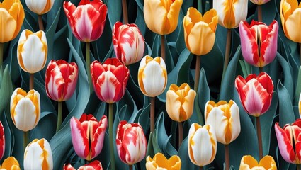 Poster - Colorful abstract floral pattern featuring a vibrant arrangement of tulip flowers in various shades and shapes. Perfect for backgrounds.