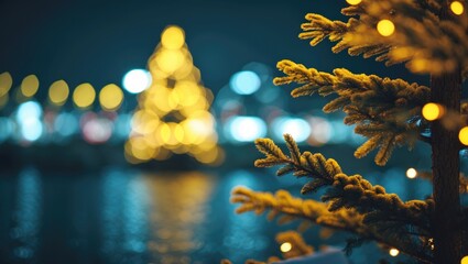 Poster - Christmas tree lights reflected in water with a close-up of a fir branch in foreground at night.