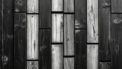 Poster - Black and white wood texture with square patterns creating a modern rustic background ideal for design and decor applications.
